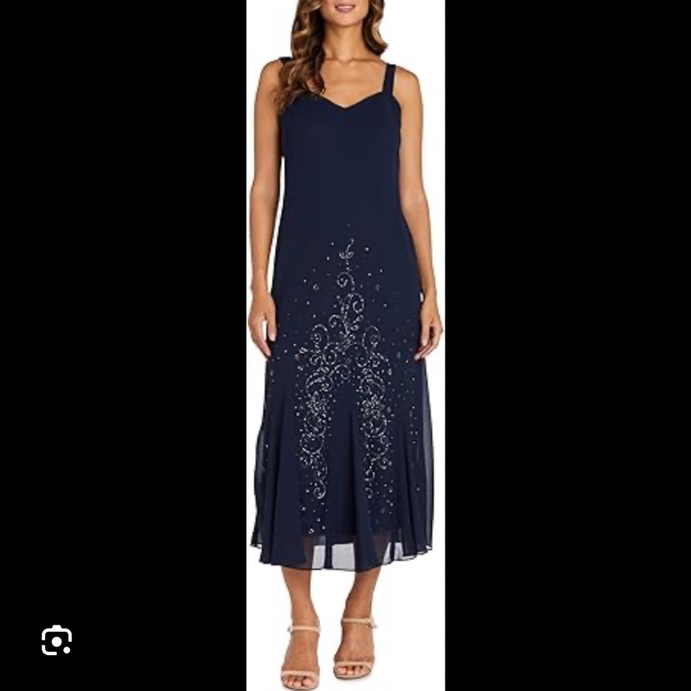 R&M Richards Beaded Pebble Georgette Mid-calf Slip Dress w/ matching jacket